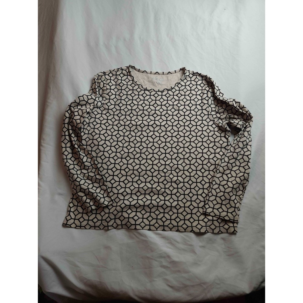Kim Rogers Shirt Womens Large Beige Geometric Black Classic Timeless Preppy Top